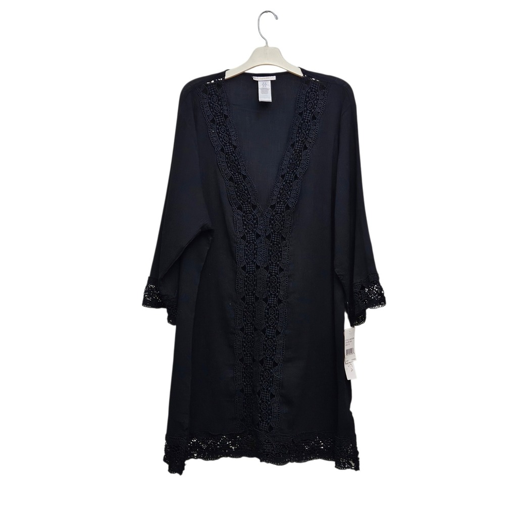 La Blanca Swim Cover Up Women 1X Black Crochet‎ Lace Trim Resortwear Tunic